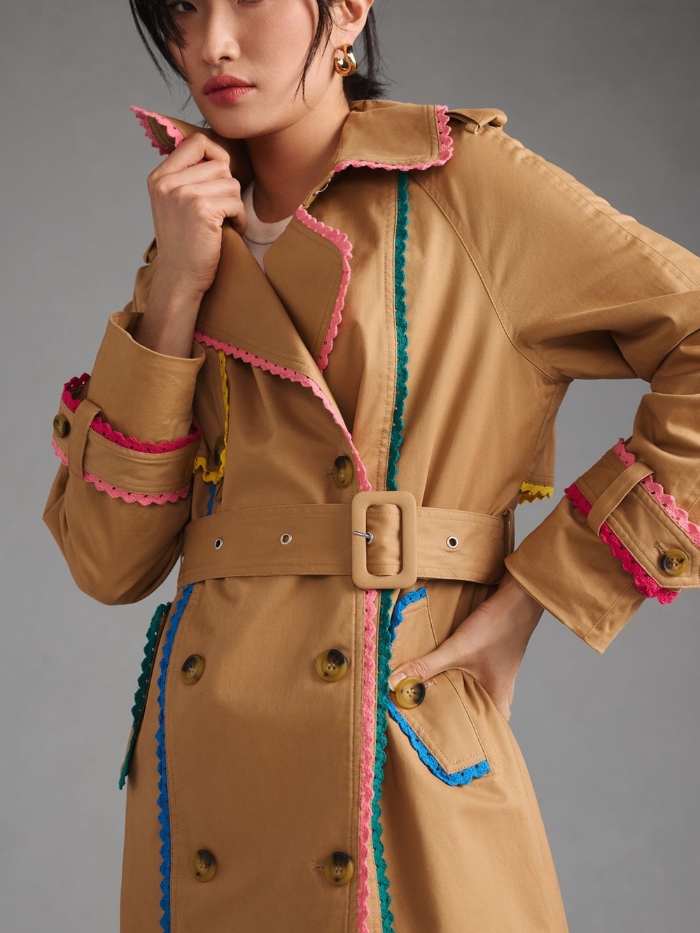 7 For All Mankind Tan Trench Coat with Pink, Blue & Yellow Trim 100% Cotton